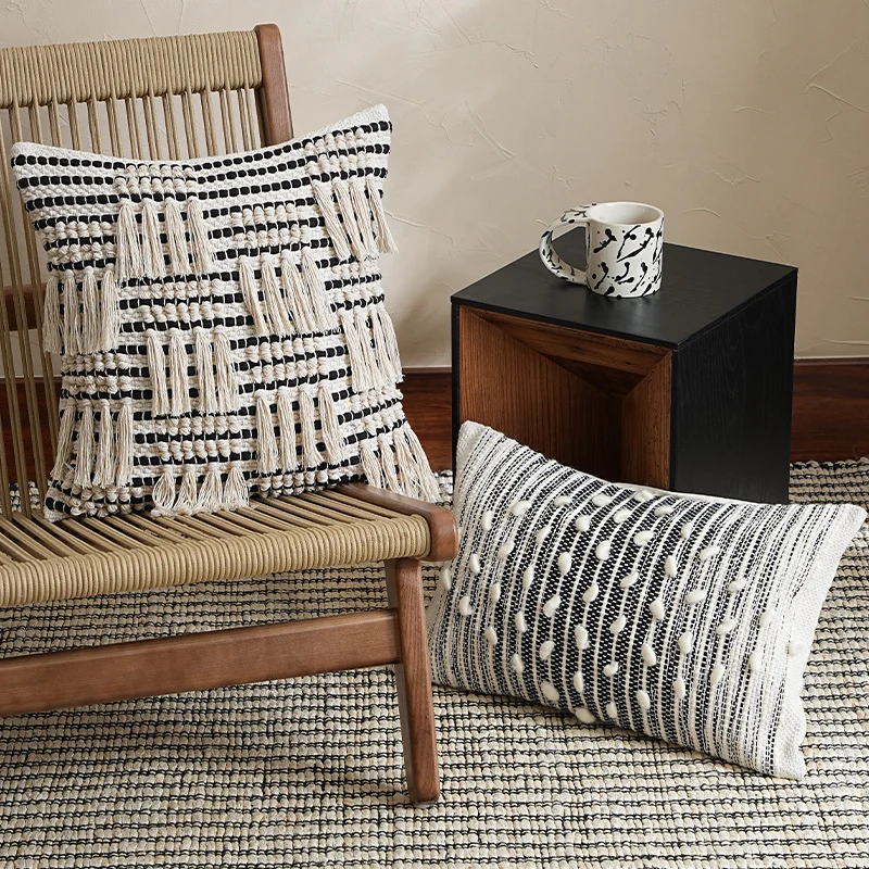 Woven decorative cushion cover with hand-tufted tassels and concealed zipper Stornfield