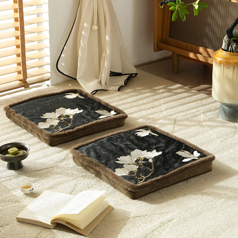 Padded seat cushion with velvet cover, floral embroidery and faux fur trim Stornfield