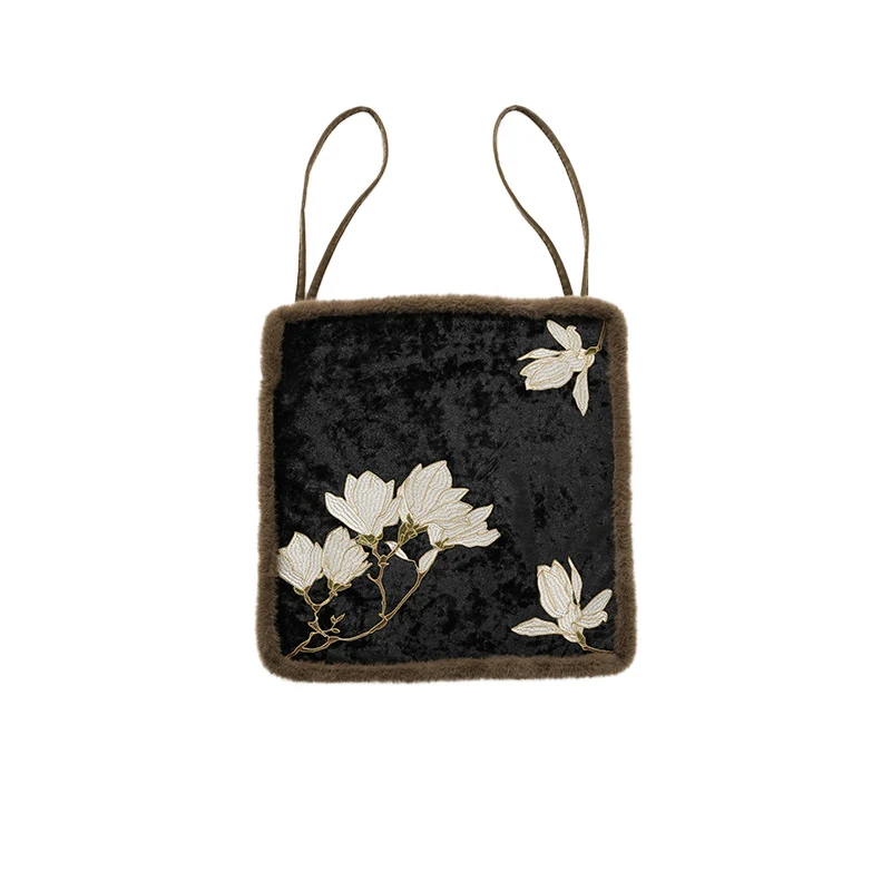 Padded seat cushion with velvet cover, floral embroidery and faux fur trim Stornfield