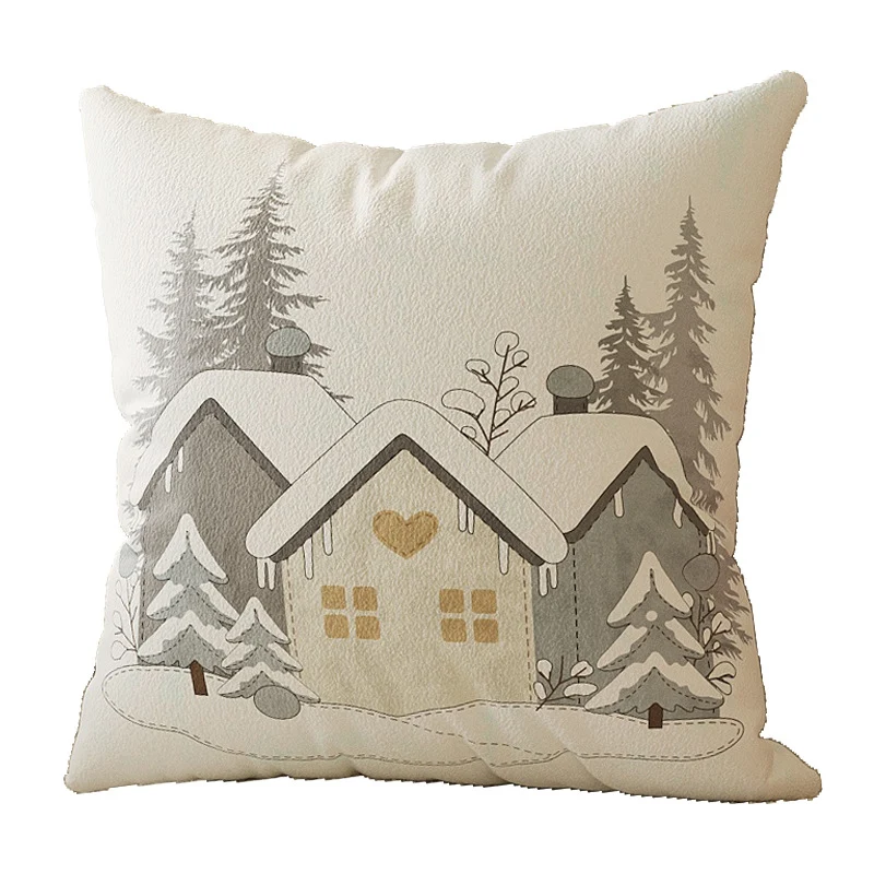 Winter Cottage Embroidered Plush Square Throw Pillow Cover with Hidden Zipper
