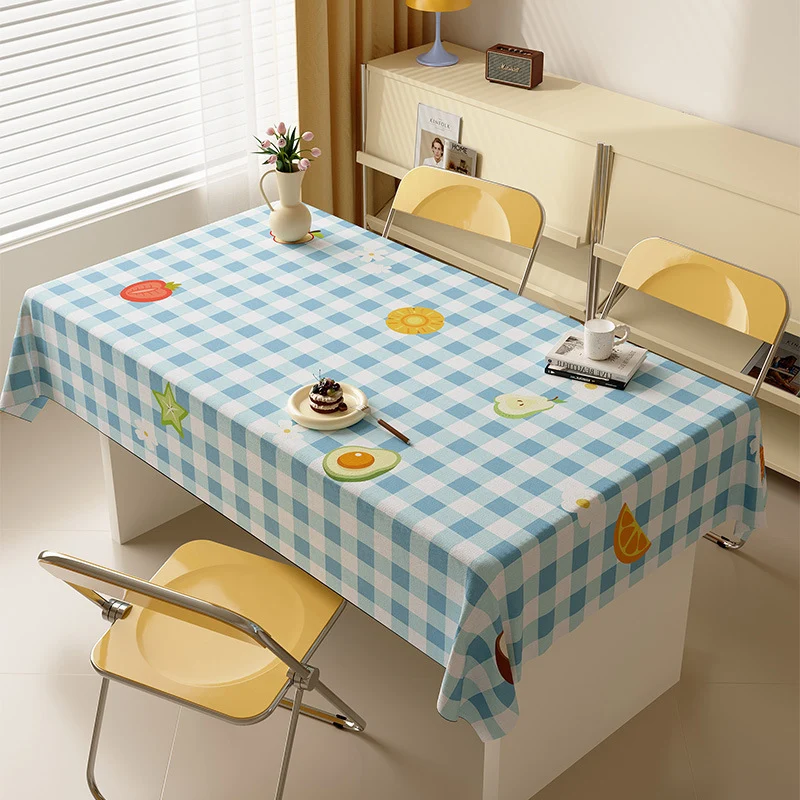 Waterproof Wipeable Gingham Rectangular Tablecloth with Playful Fruit Motifs