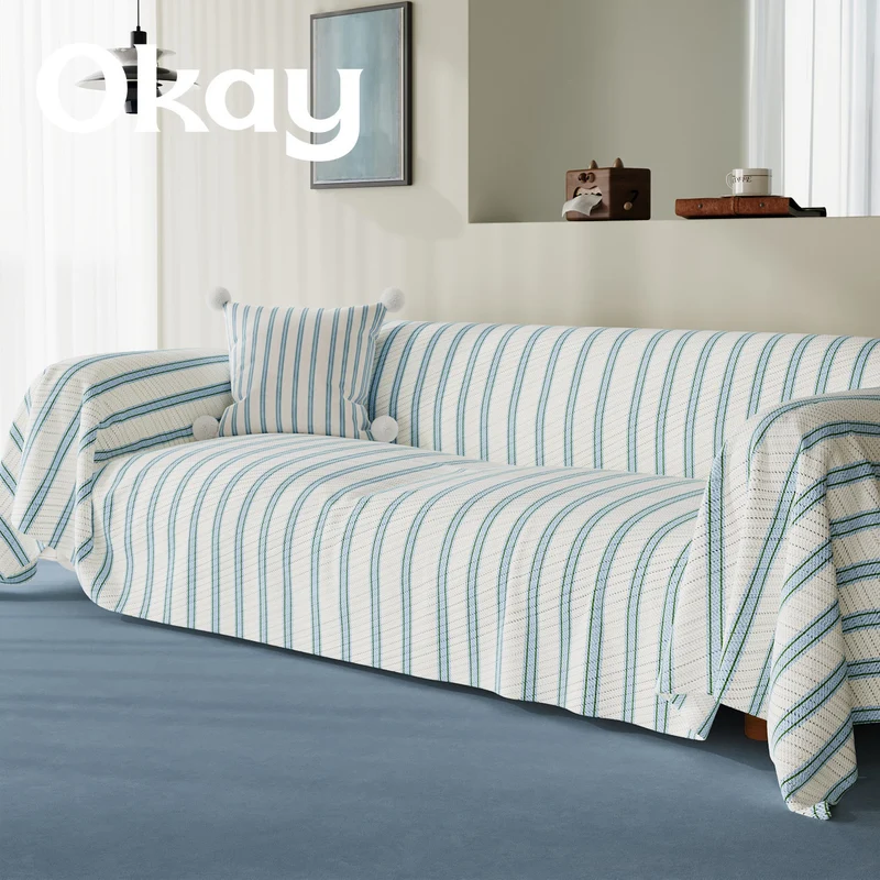 Striped Quilted Sofa Slipcover with Pom-Pom Accent Pillowcase