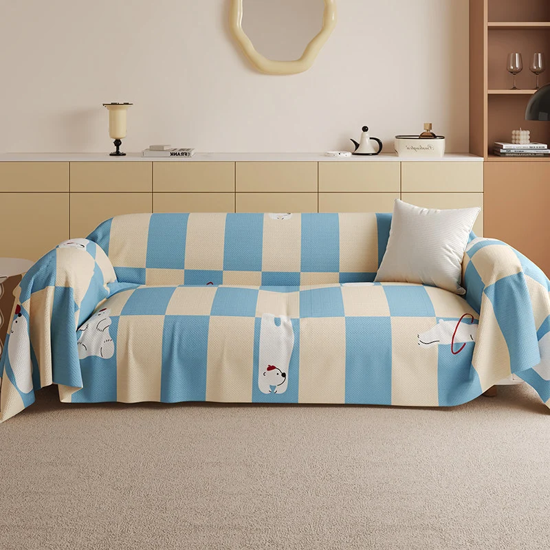 Stretch-Fit Checkerboard Sofa Slipcover with Cute Cat Illustration