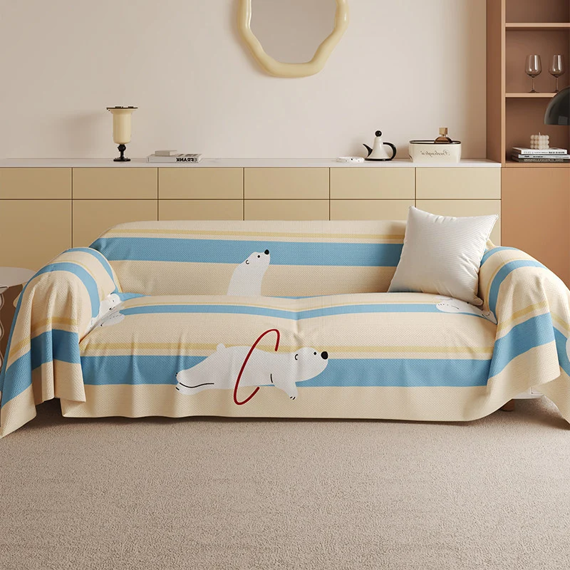 Stretch-Fit Checkerboard Sofa Slipcover with Cute Cat Illustration