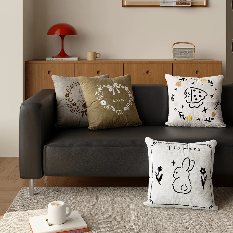 Square Plush Textured Decorative Pillow Cover with Hand-Drawn Pizza Illustration and Botanical Accents