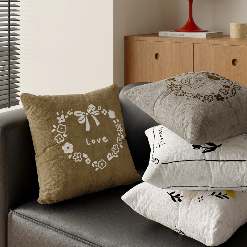 Square Plush Textured Decorative Pillow Cover with Hand-Drawn Pizza Illustration and Botanical Accents