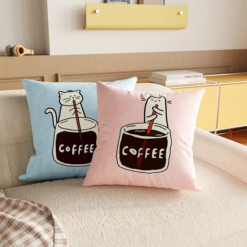 Square Decorative Pillow Cover with Cute Cat Stirring Coffee Illustration Soft Plush Removable Cushion Cover Hidden Zipper
