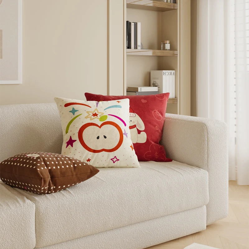 Square Cotton-Linen Throw Pillow Cover with Checkered Grid and Speech-Bubble Heart Graphics
