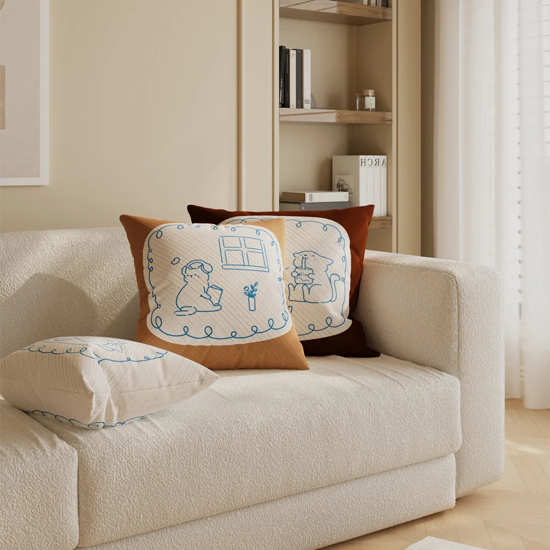 Square Cotton-Linen Decorative Throw Pillow Cover with Minimalist Reading Cat Line Art and Hidden Zipper