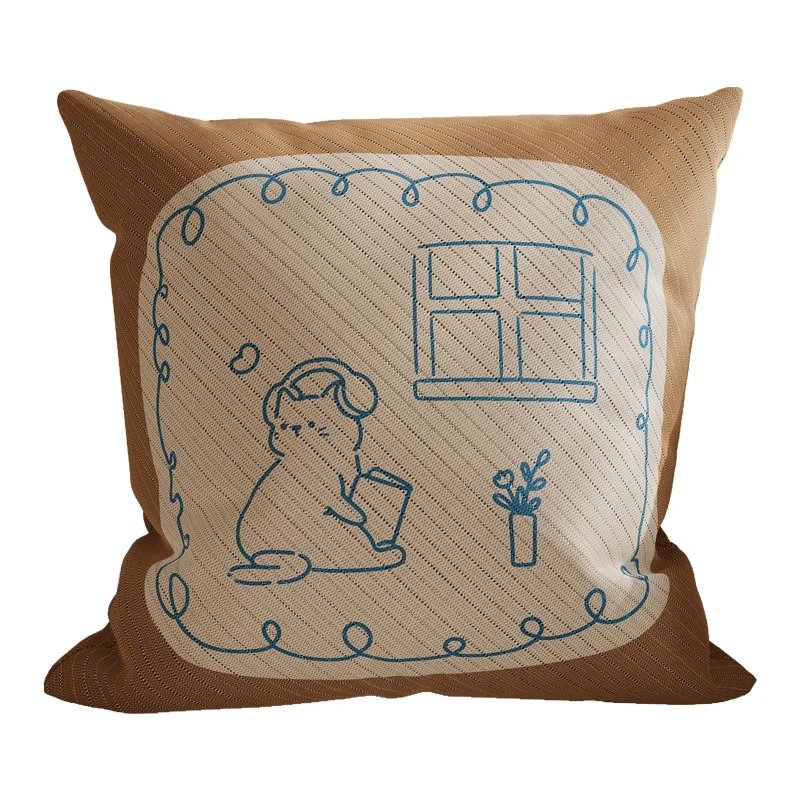 Square Cotton-Linen Decorative Throw Pillow Cover with Minimalist Reading Cat Line Art and Hidden Zipper