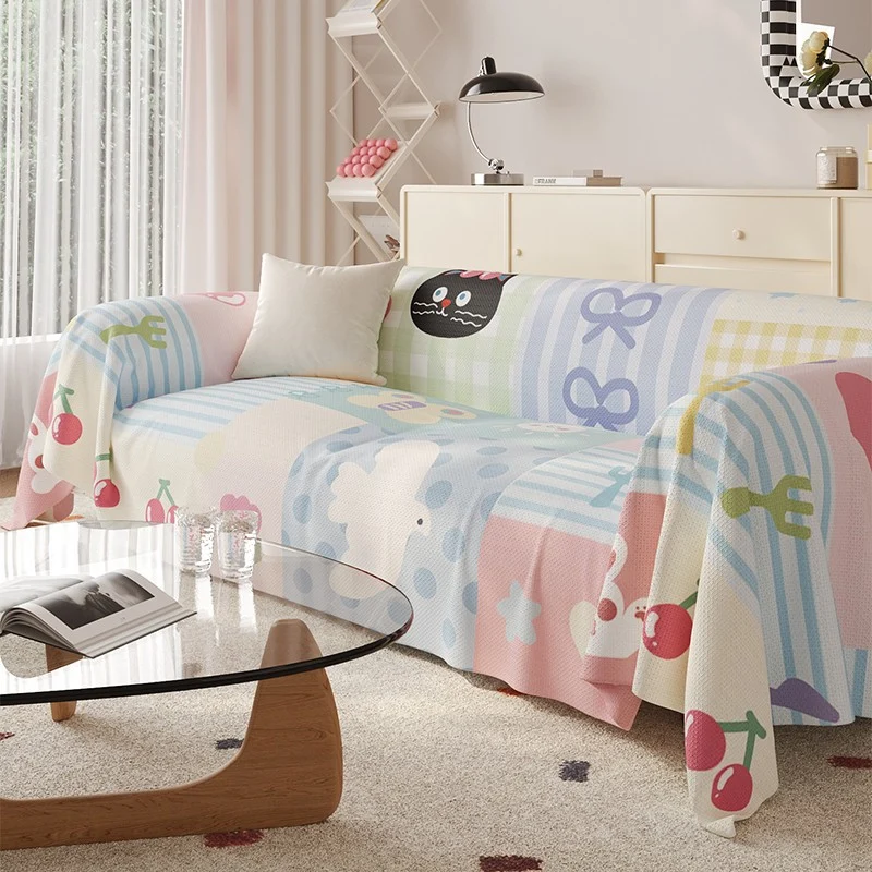 Reversible Stretch Sofa Slipcover with Pastel Cartoon Patchwork Texture