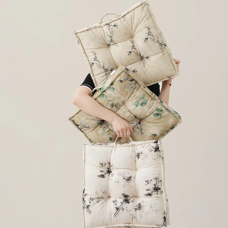 Padded square seat cushion with tufted stitching and fine bamboo print Stornfield