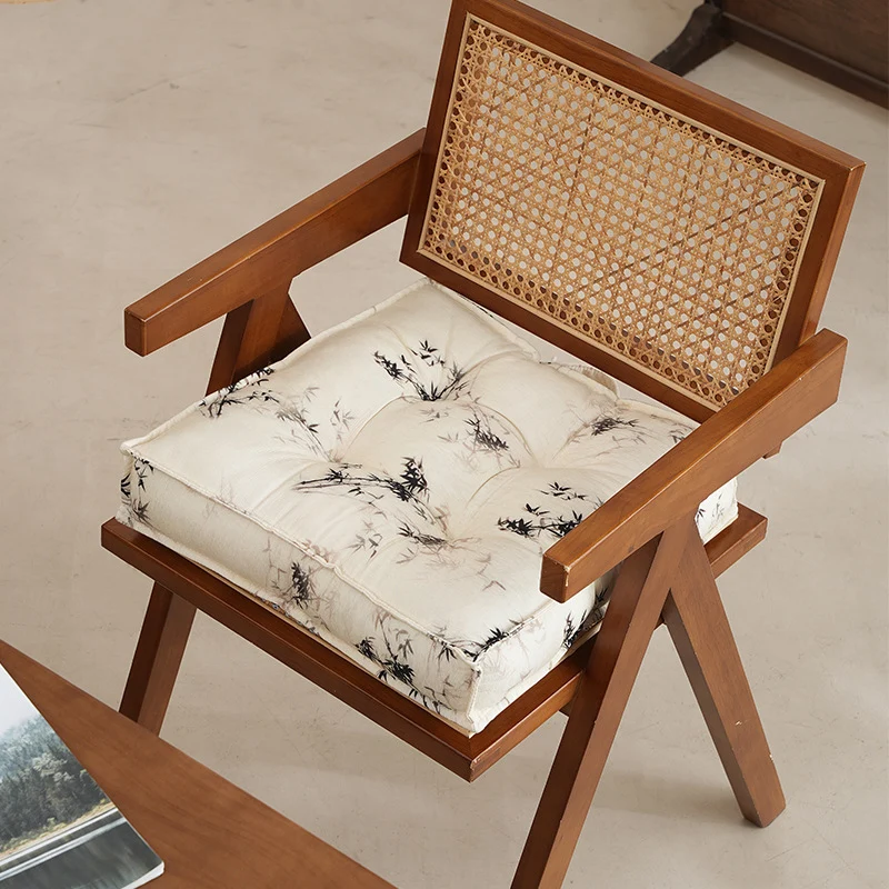 Padded square seat cushion with tufted stitching and fine bamboo print Stornfield