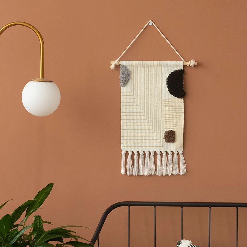 Woven Boho Wall Hanging with Ethno Diamond Pattern, Cotton Fringes and Wood Stick Stornfield