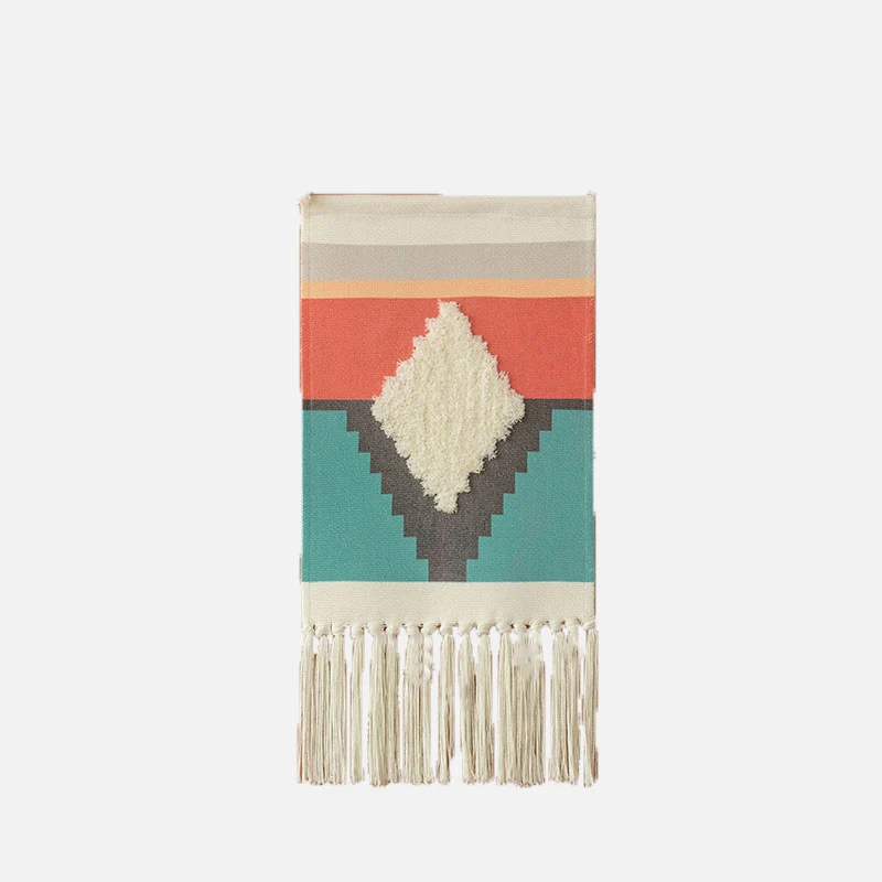 Woven Boho Wall Hanging with Ethno Diamond Pattern, Cotton Fringes and Wood Stick Stornfield