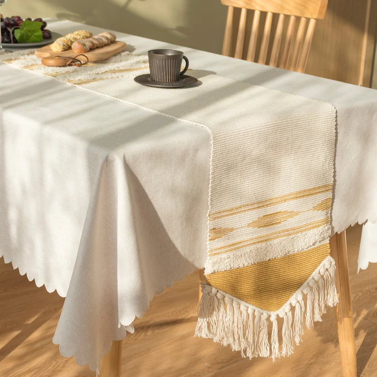 Woven Boho table runner with fringes and textured cotton look Stornfield