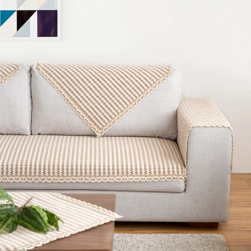 Crocheted sofa blanket set made of cotton mix with non-slip seat cushion and decorative corner cloths Stornfield