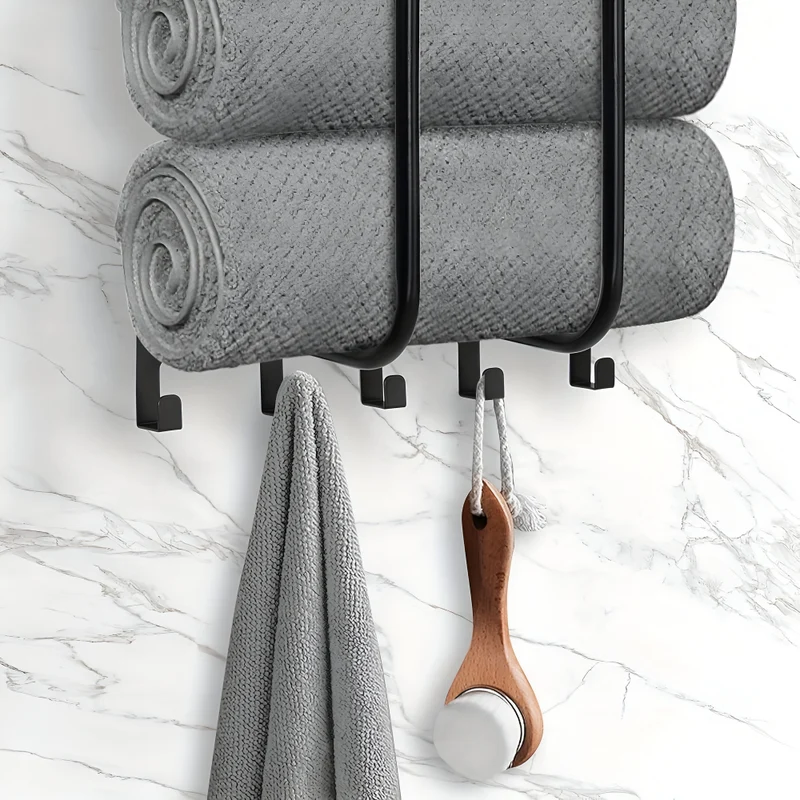 Stilvoller Schwarzer Metall-Handtuchhalter - Wandmontierter Handtuchorganizer mit Ablage und Haken