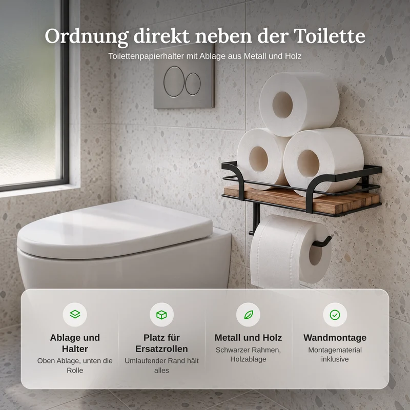 Stylischer Toilettenpapierhalter mit Ablage – Platzsparendes Wandregal für Ersatzrollen im Bad
