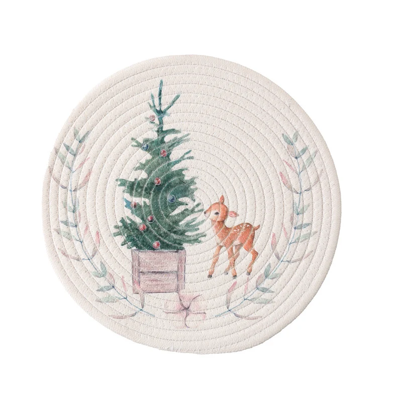 Round placemat made of woven cotton with a cute rhinoceros illustration and floral wreath Stornfield