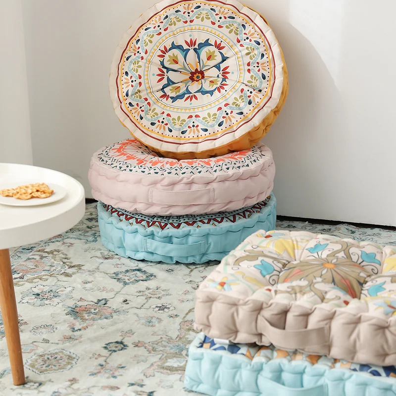 Round seat cushion with mandala print, thickly padded floor seating mat and carrying handle Stornfield