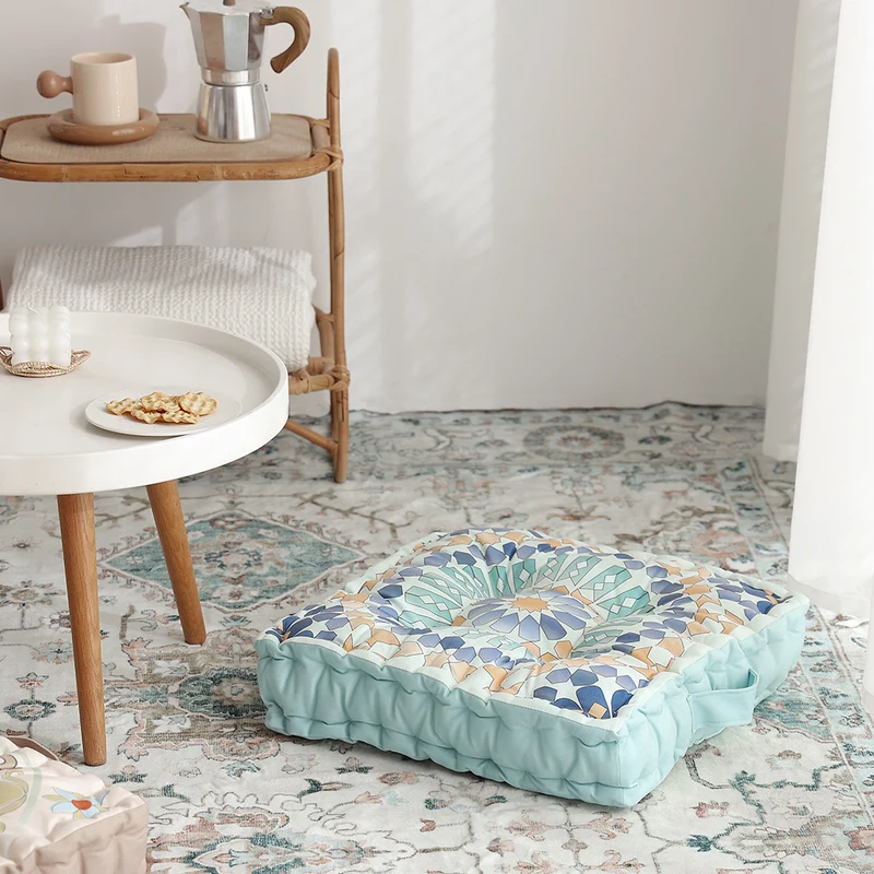 Round seat cushion with mandala print, thickly padded floor seating mat and carrying handle Stornfield