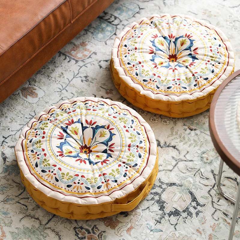 Round seat cushion with mandala print, thickly padded floor seating mat and carrying handle Stornfield