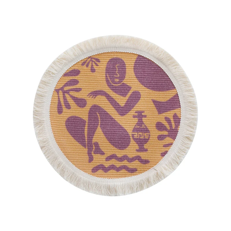 Round woven placemat with fringes and abstract figure motif Stornfield