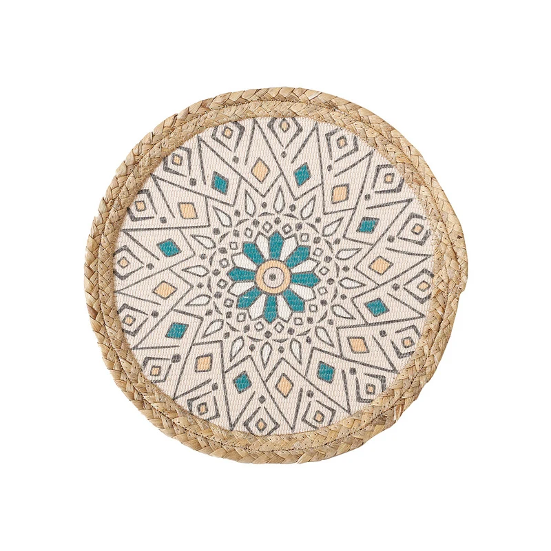 Round woven table mat made of jute with mandala cotton overlay Stornfield