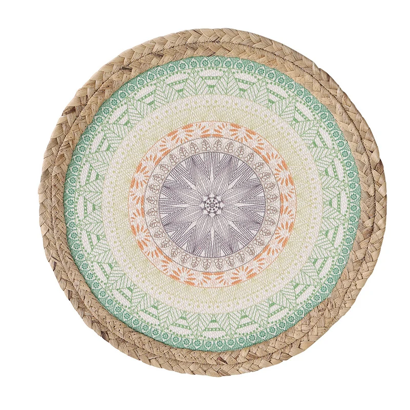Round woven table mat made of jute with mandala cotton overlay Stornfield