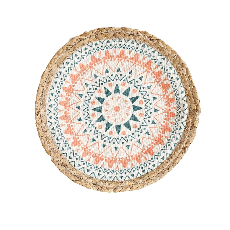 Round woven table mat made of jute with mandala cotton overlay Stornfield