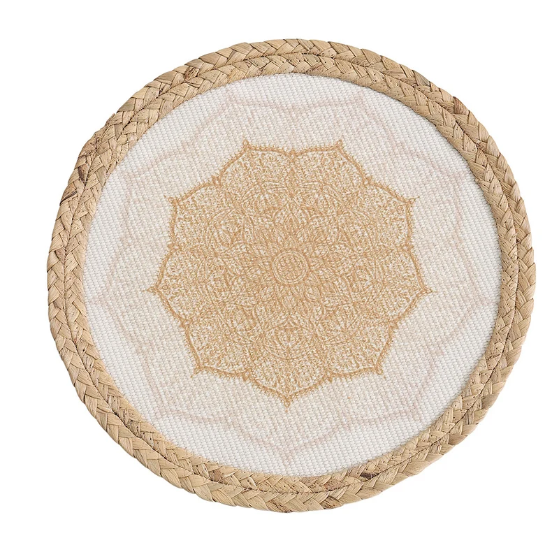 Round woven table mat made of jute with mandala cotton overlay Stornfield