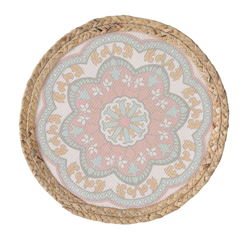 Round woven table mat made of jute with mandala cotton overlay Stornfield