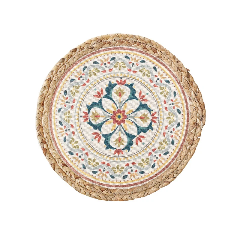 Round woven table mat made of jute with mandala cotton overlay Stornfield