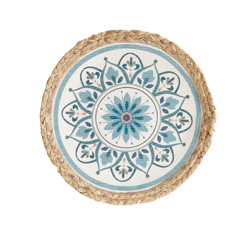 Round woven table mat made of jute with mandala cotton overlay Stornfield