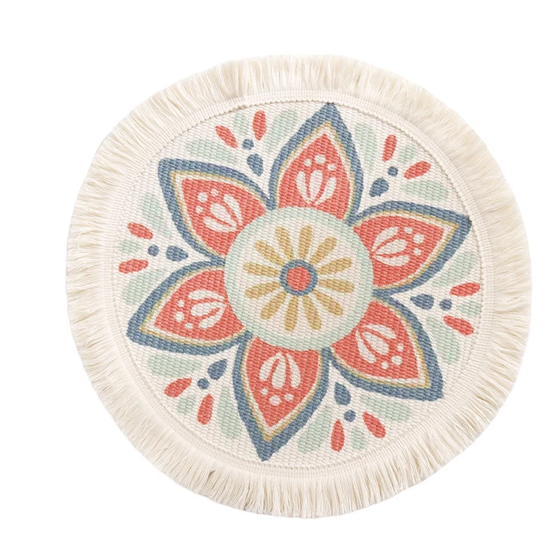 Round flat-woven cotton rug with mandala design and decorative fringes Stornfield