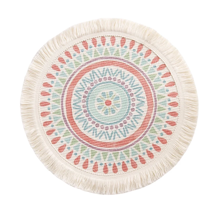 Round flat-woven cotton rug with mandala design and decorative fringes Stornfield