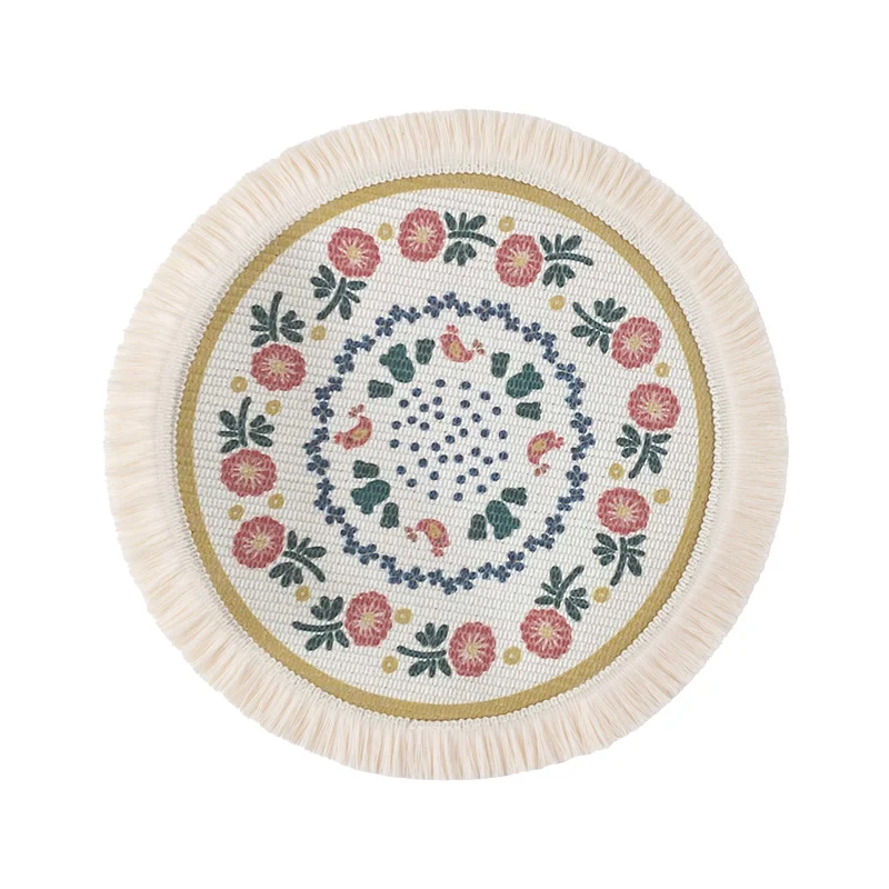 Round flat-woven cotton rug with mandala design and decorative fringes Stornfield