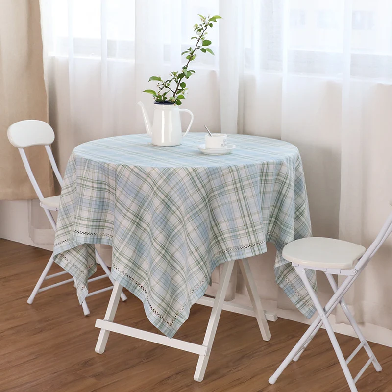 Round cotton tablecloth in check pattern with decorative crochet border Stornfield