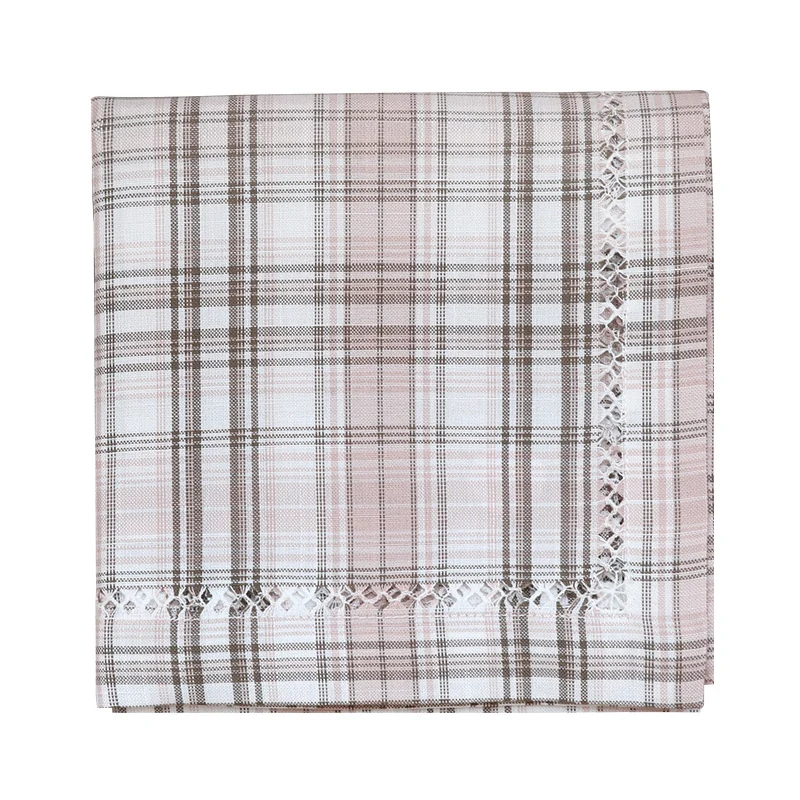 Round cotton tablecloth in check pattern with decorative crochet border Stornfield