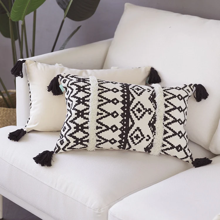 Rectangular Boho lumbar pillow with jacquard weaving, fringe stripes, and corner tassels Stornfield
