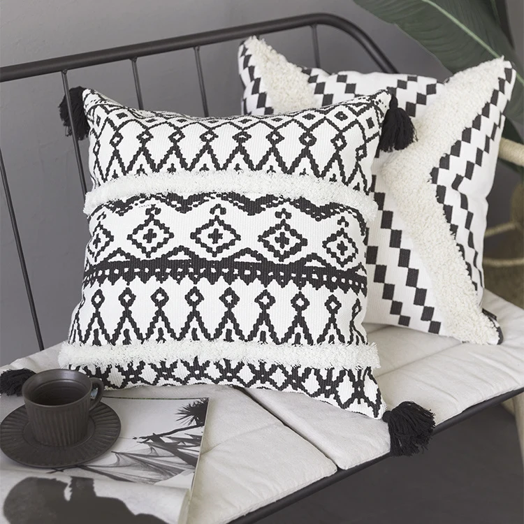 Rectangular Boho lumbar pillow with jacquard weaving, fringe stripes, and corner tassels Stornfield
