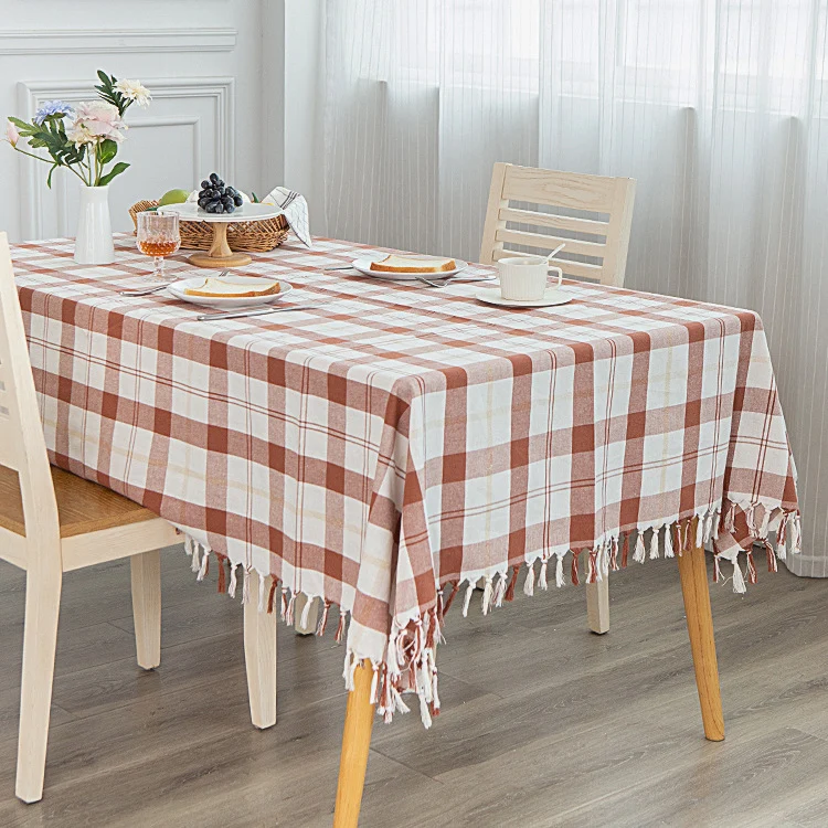 Rectangular checked cotton tablecloth with decorative fringes and light linen finish Stornfield