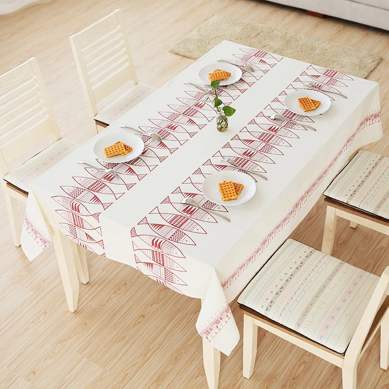 Rectangular cotton blend tablecloth with decorative fish jacquard and easy-care finish Stornfield