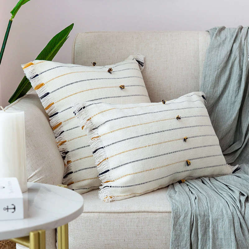 Square woven cushion cover with fine stripes and fringe border Stornfield
