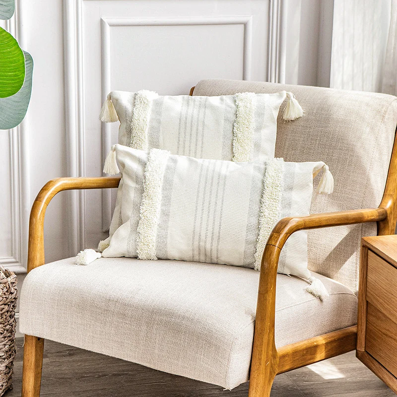 Square cotton pillow cover with fringe tassels and textured chenille stripes Stornfield