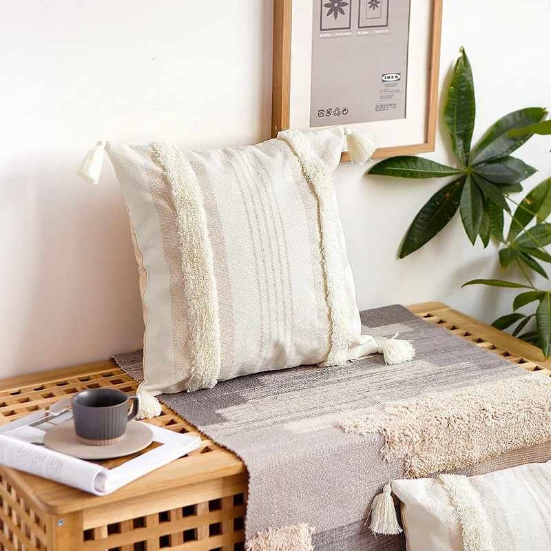 Square cotton pillow cover with fringe tassels and textured chenille stripes Stornfield
