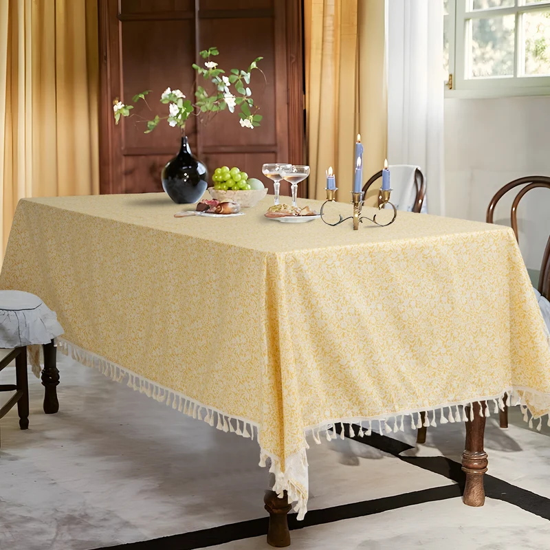 Rectangular tablecloth with floral Millefleurs print and cotton tassels Stornfield