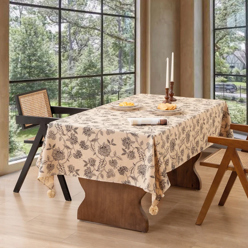 Rectangular tablecloth in linen look with pompom tassels Stornfield