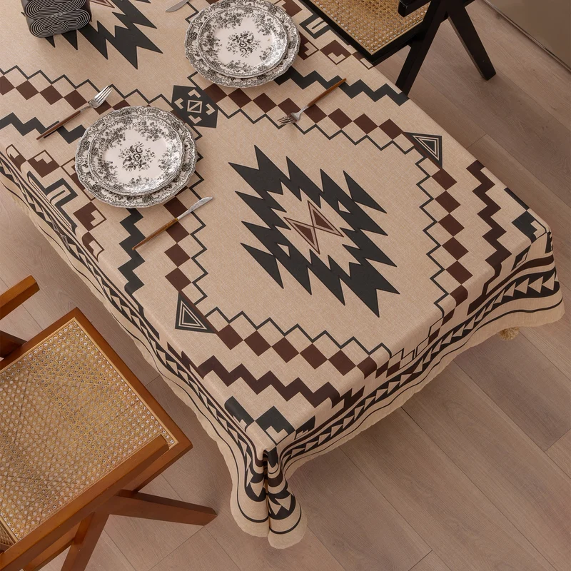 Rectangular tablecloth in linen look with pompom tassels Stornfield